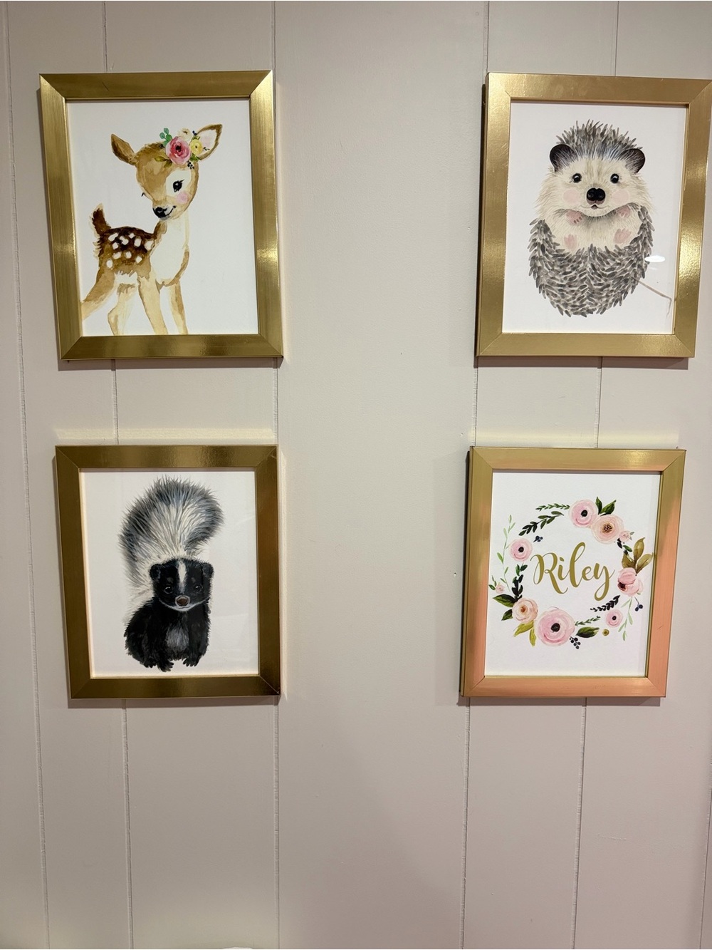 Set of 4 Gold-Framed Nursery Prints - Deer, Hedgehog, Skunk & Floral Name